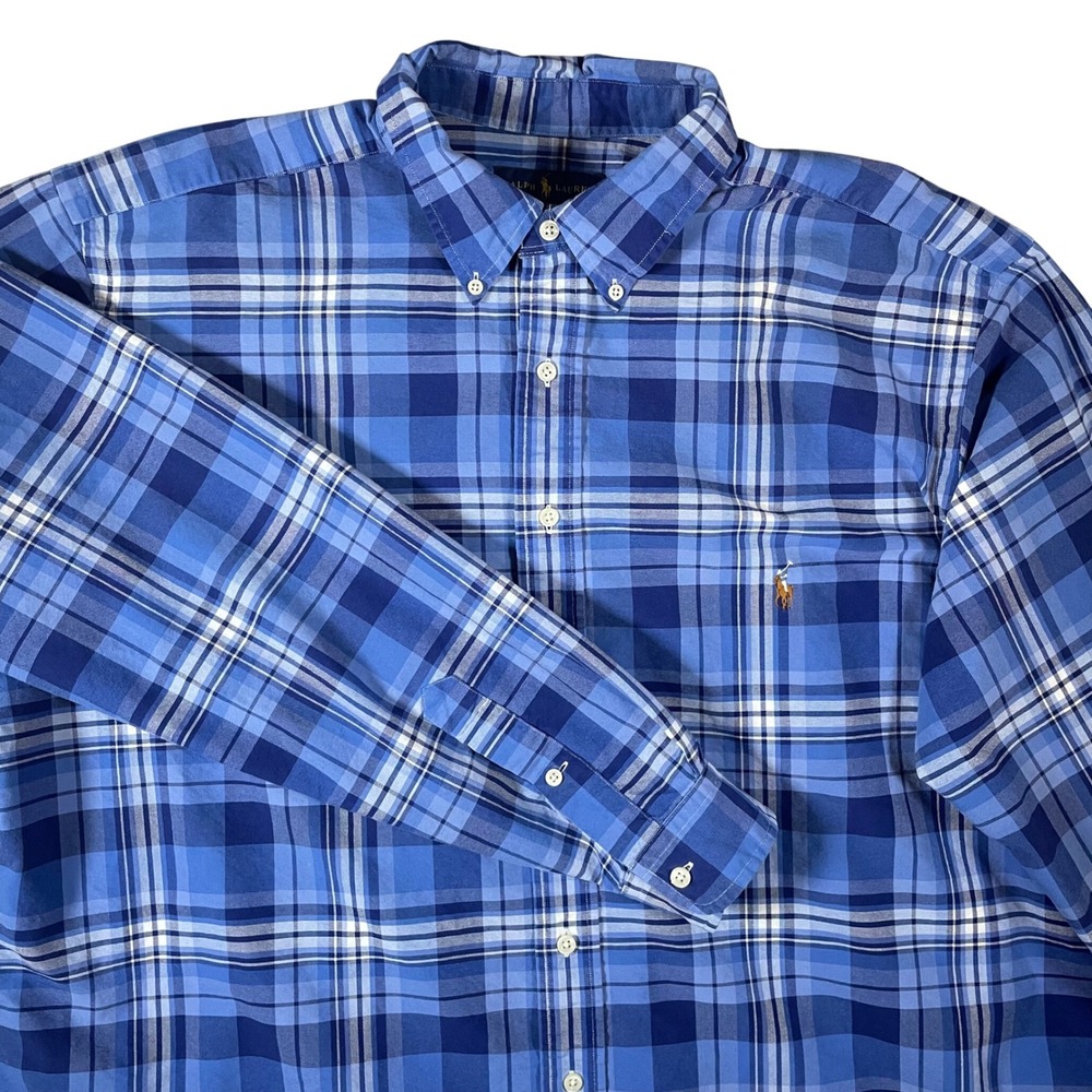 Ralph Lauren Mens Blue Plaid Long Sleeve Button Down Shirt XLT Pony Preppy